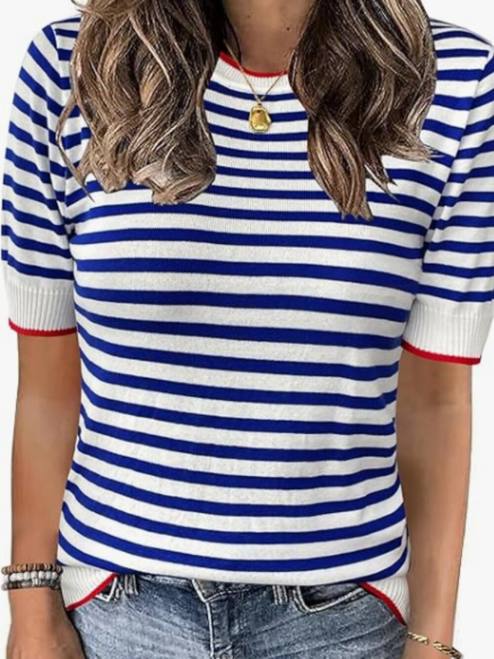 Striped Blue and White Short Sleeve Sweater, Nautical, Tailored, Summer, Large
